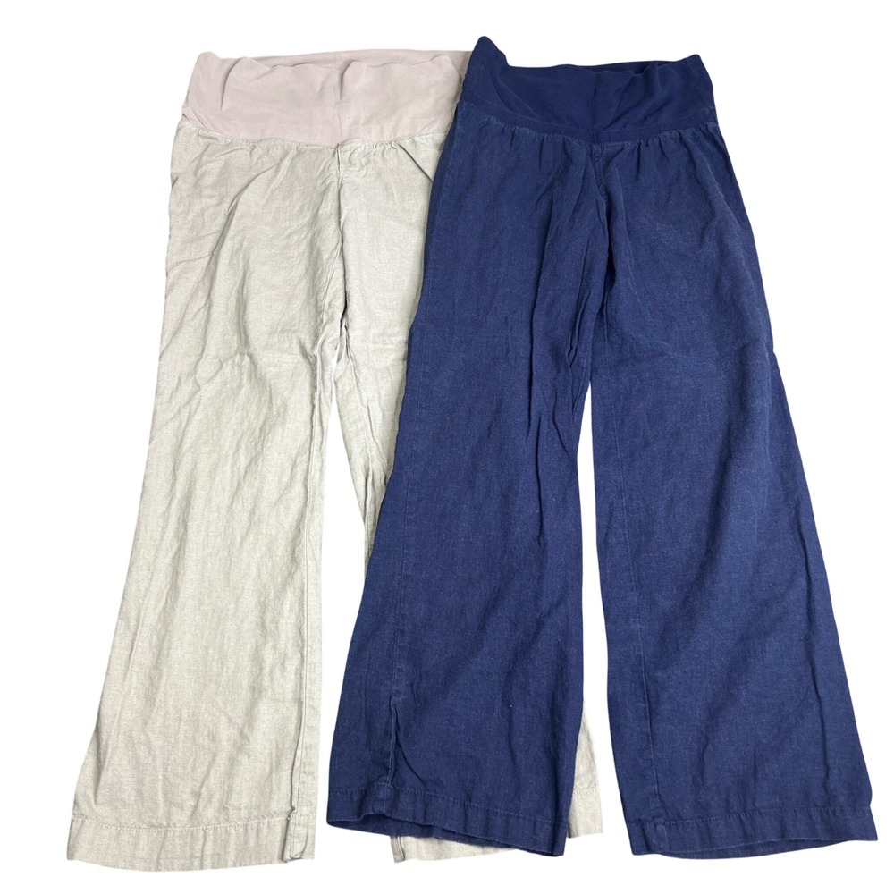 Old Navy Maternity Linen Blend Wide Leg Pants Bundle Navy Beige Small 2 Pairs